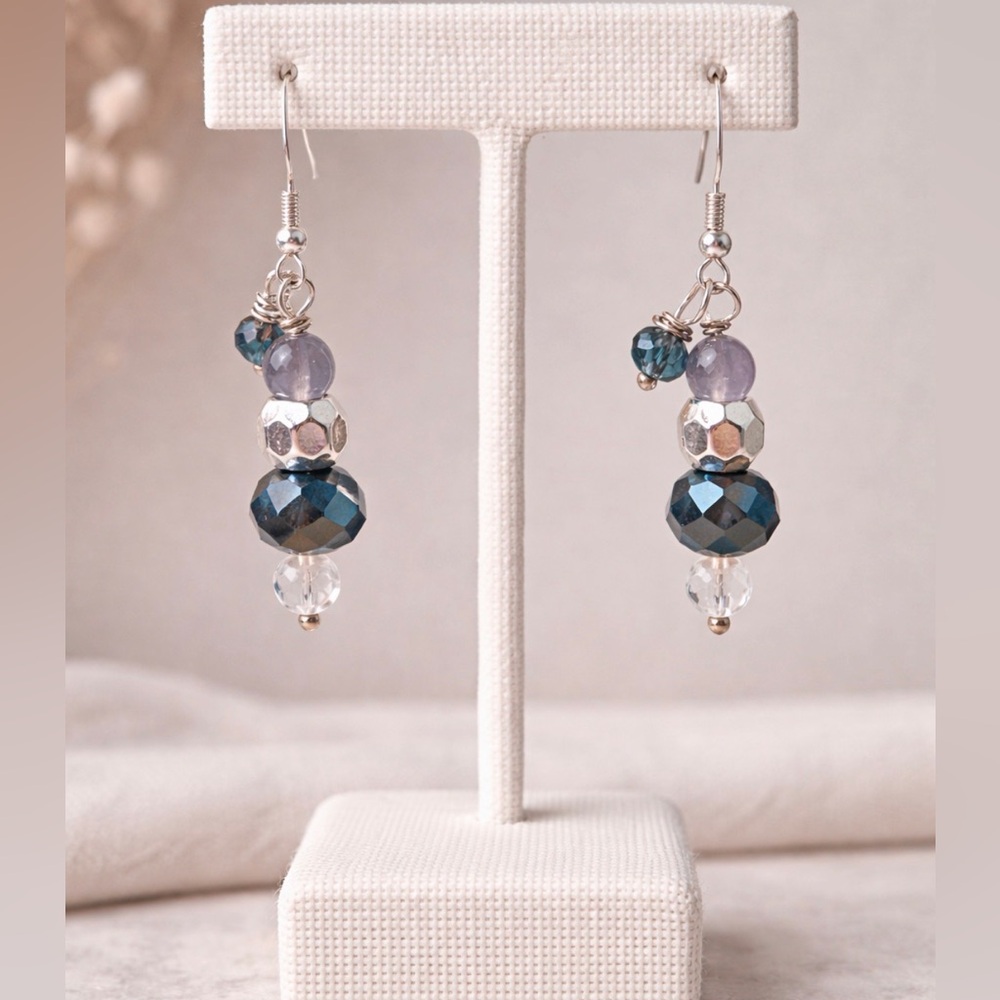 𝅺BOHO Indie Sterling Silver Earrings 🌟Purple & Deep Blue Crystal Handcrafted